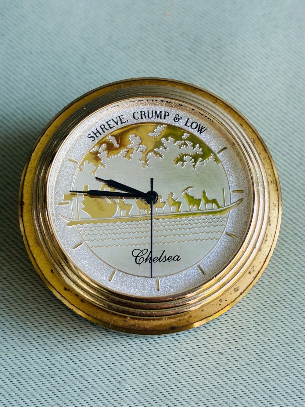Vintage Chelsea Clock Co. x Shreve, Crump & Low Boston Swan Boat paperweight.